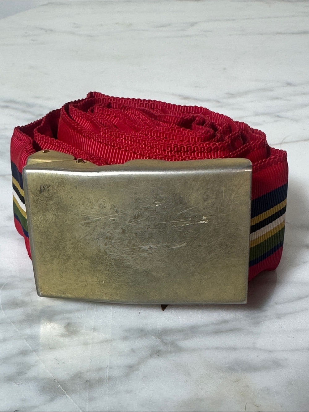 Red Stripe Web Belt with Metal Buckle